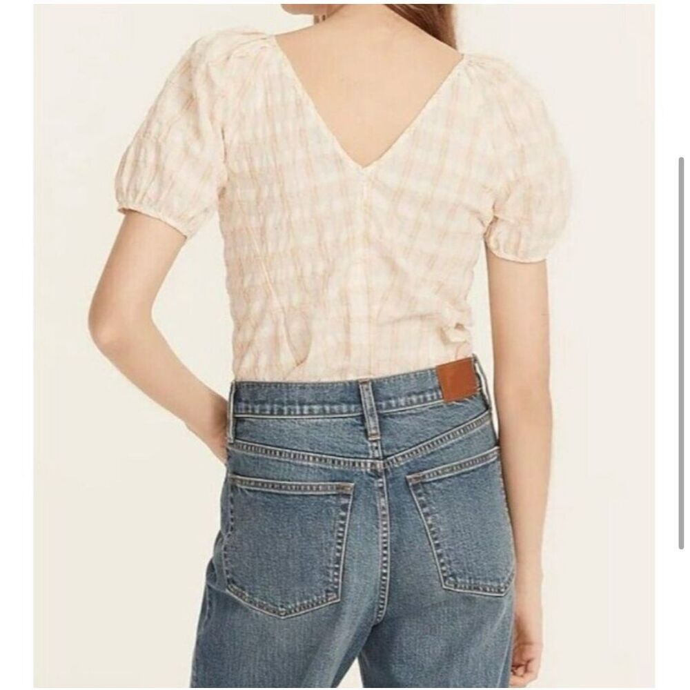 J Crew Women's V Back Puff Sleeve Textured Plaid Top Blouse Size 2 NWOT - Picture 3 of 12